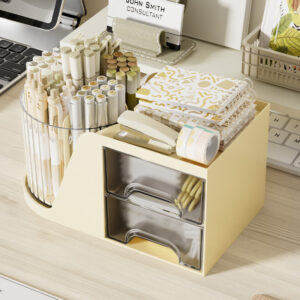 Desktop Rotating Pen Holder with Drawer, Office Stationery Organizer, Simple Plastic Round Pen Stand