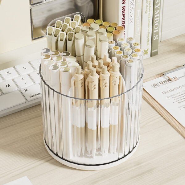 Desktop Rotating Pen Holder with Drawer, Office Stationery Organizer, Simple Plastic Round Pen Stand - 图片 2
