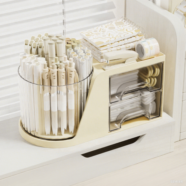 Desktop Rotating Pen Holder with Drawer, Office Stationery Organizer, Simple Plastic Round Pen Stand - 图片 3