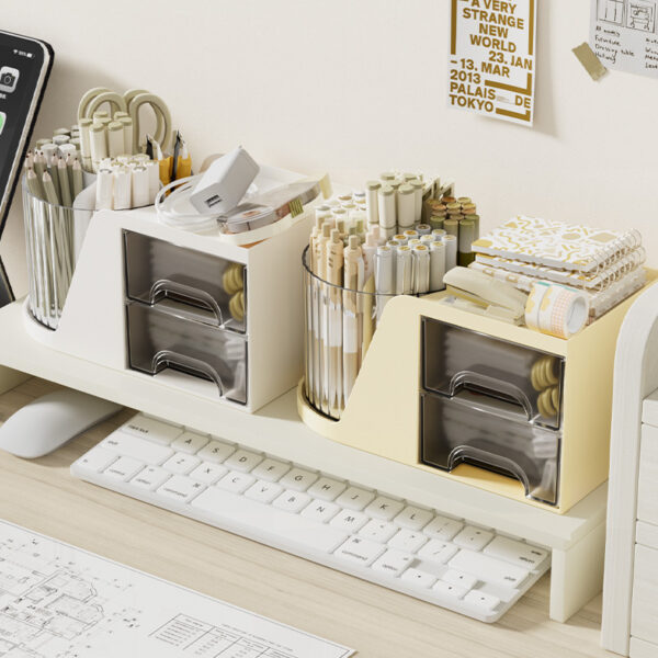 Desktop Rotating Pen Holder with Drawer, Office Stationery Organizer, Simple Plastic Round Pen Stand - 图片 4